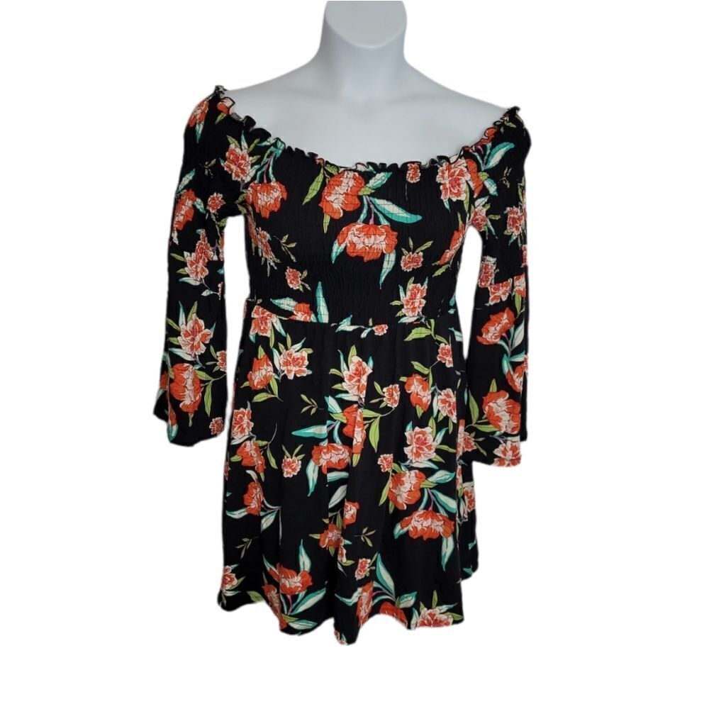 ASOS dress black‎ long sleeve floral off shoulder shirred top bell sleeve mini 6
